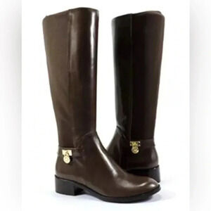 Size 5.5 MICHAEL KORS HAMILTON WOMEN'S TALL BOOTS CHOCOLATE STRETCH MK LOGO FLAT